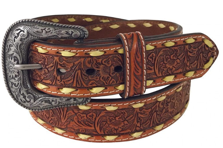 Roper Mens Belt Wide Genuine Hand Tooled Leather Brown