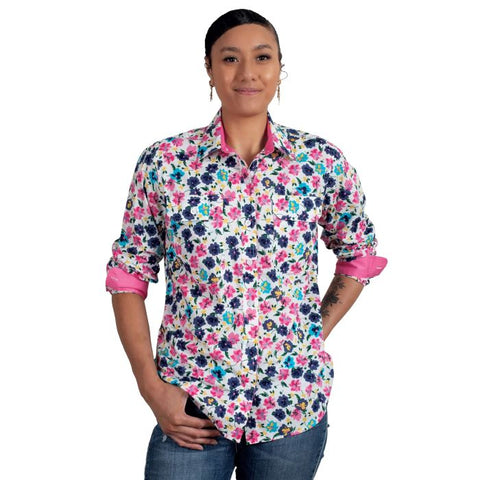 JUST COUNTRY ABBEY FULL BUTTON PRINT WORKSHIRT - WHITE PANSIES [SZ:8]