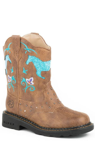 ROPER KIDS HORSE FLOWERS LIGHT UP BOOTS - TAN [SZ:9.0]