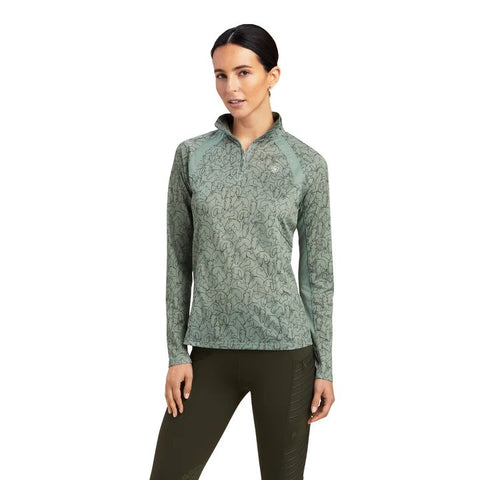 ARIAT WOMENS SUNSTOPPER 2.0 1/4 ZIP LS BASELAYER - HEDGE GREEN DOODLE HORSE