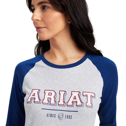 ARIAT WOMENS VARSITY LONG SLEEVE TEE - BLUE/ HEATHER GREY