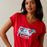 ARIAT FLOWER COW WOMENS SHORT SLEEVE TEE - EQUESTRIAN RED