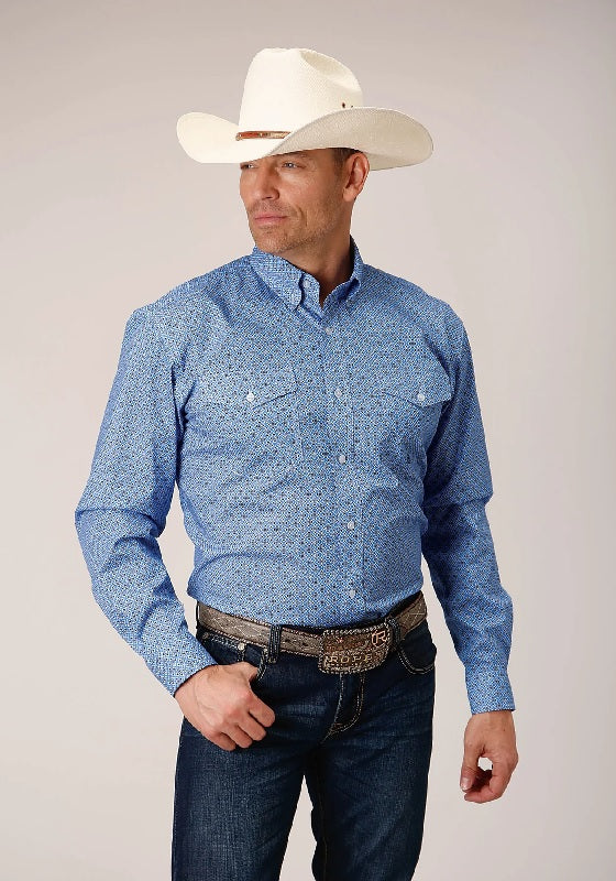 Roper Mens Amarillo Collection Long Sleeve Print - Blue
