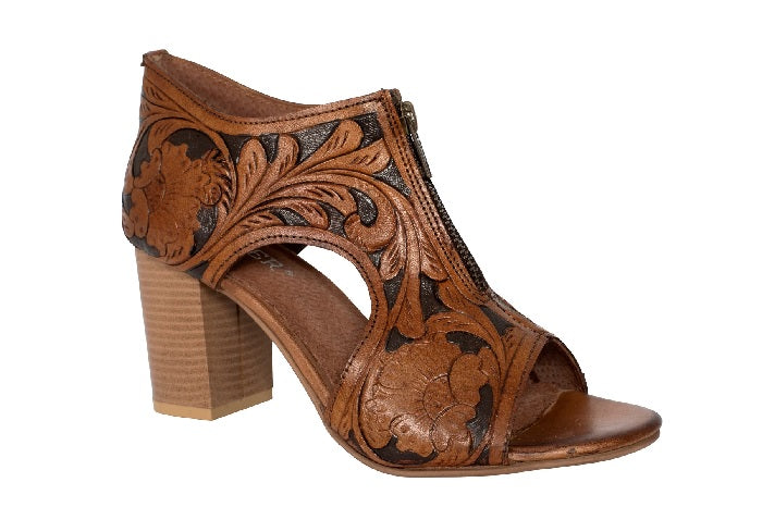 Roper Mika Front Zip Leather Sandal - Brown Tooled