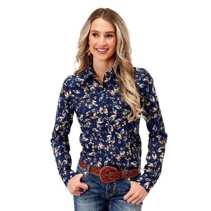 Roper Womens Studio West Collection Long Sleeve Shirt - Blue Feather Print