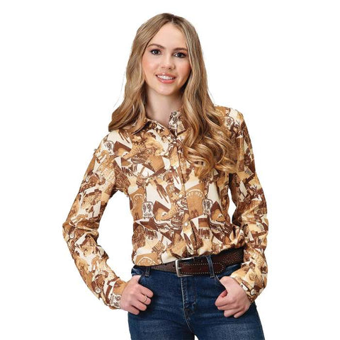ROPER FIVE STAR COLLECTION WOMENS LONG SLEEVE SHIRT - BROWN WESTERN PRINT