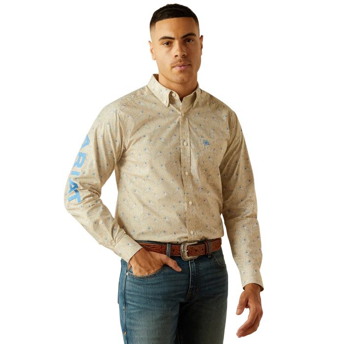 Ariat Team Alder Mens Fitted Long Sleeve Shirt - Khaki/blue [sz:s]