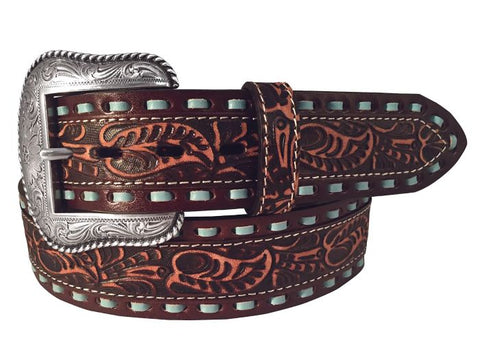 BELT ROPER MENS TOOLED LEATHER WITH TURQUOISE LACING [SZ:32 CL:TAN]