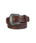 ROPER MENS BELT 1.5" GENUINE LEATHER CUTOUT FLORAL TOOLED DESIGN - TURQUOISE