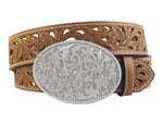 ROPER WOMENS DISTRESSED LEATHER TAN BELT - CUT OUT PATTERN [SZ:M]