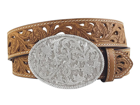 ROPER WOMENS DISTRESSED LEATHER TAN BELT - CUT OUT PATTERN [SZ:M]