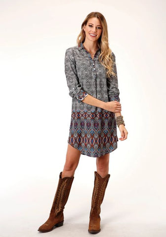 DRESS ROPER WOMENS STUDIO WEST COLLECTION LONG SLEEVE DRESS PRINT [SZ:S CL:BLACK]