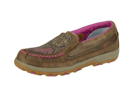 TWISTED X WOMENS PRINTED TOOLED CELLSTRETCH SLIP ON MOC - BOMBER/PINK