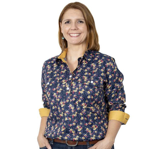 JUST COUNTRY GEORGIE HALF BUTTON PRINT WORKSHIRT - NAVY PANSIES