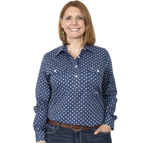 JUST COUNTRY GEORGIE HALF BUTTON PRINT WORKSHIRT - NAVY POLKA DOT