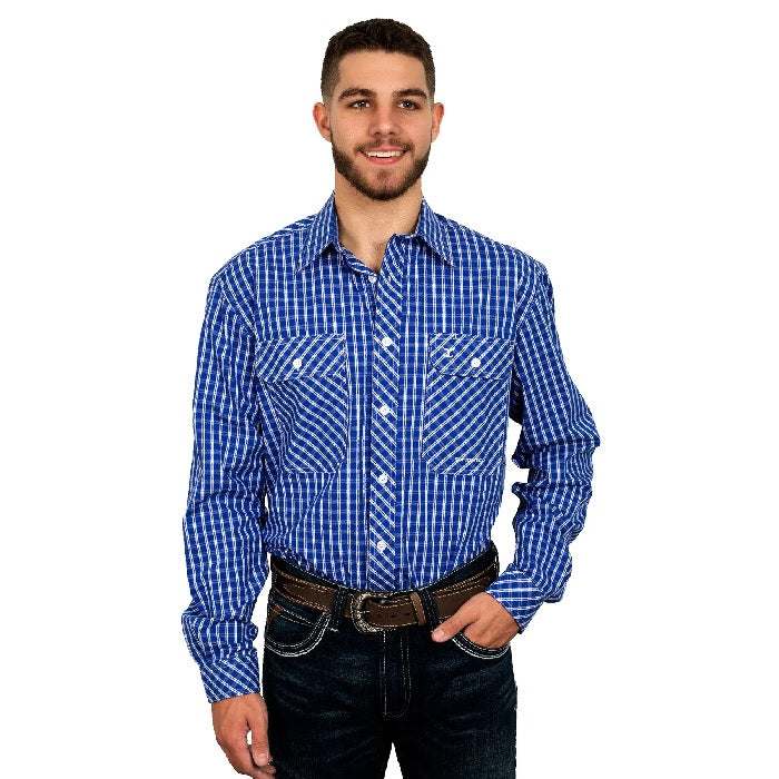 Just Country Austin Mens Full Button Check Print Workshirt - Cobolt/white