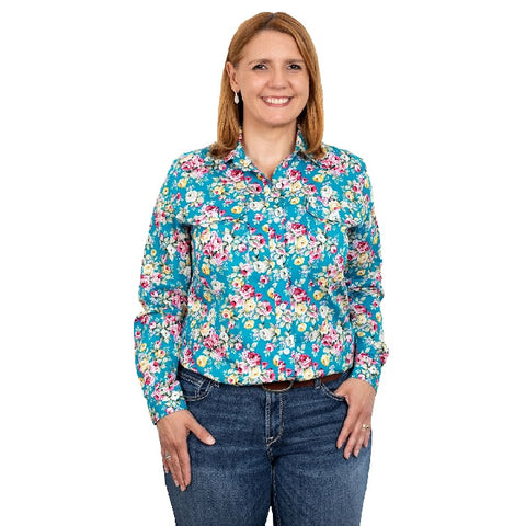 JUST COUNTRY ABBEY FULL BUTTON PRINT WORKSHIRT - TEAL PEONIES