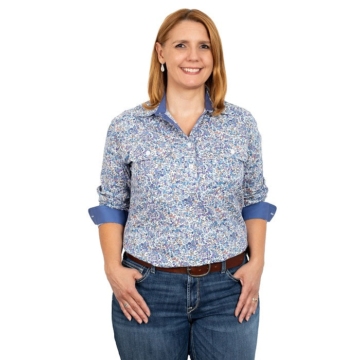 Just Country Georgie Half Button Print Workshirt - White Blueberries