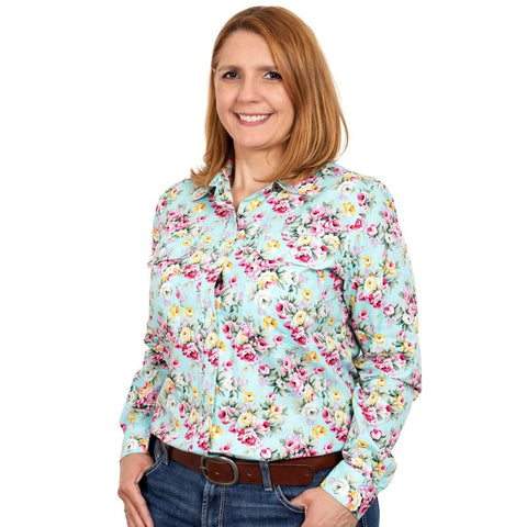 JUST COUNTRY ABBEY FULL BUTTON PRINT WORKSHIRT - MINT PEONIES