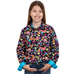 JUST COUNTRY HARPER GIRLS SHIRT - NAVY NEON BUTTERFLY