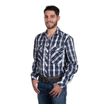 JUST COUNTRY AUSTIN MENS FULL BUTTON CHECK PRINT WORKSHIRT - NAVY WHITE PLAID