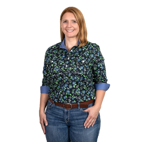JUST COUNTRY GEORGIE HALF BUTTON PRINT WORKSHIRT - NAVY ASTERS