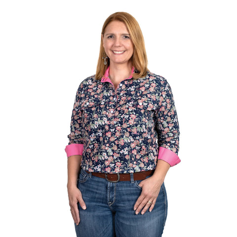 JUST COUNTRY GEORGIE HALF BUTTON PRINT WORKSHIRT - NAVY FLORAL/PINK