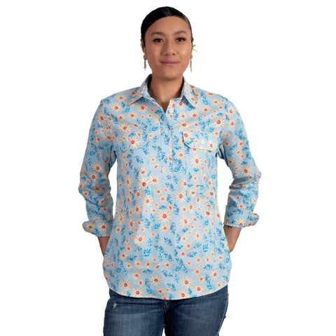 JUST COUNTRY GEORGIE HALF BUTTON PRINT WORKSHIRT - SKY DAISYS [SZ:8]