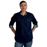 JUST COUNTRY JAHNA TRIM HALF BUTTON PRINT WORKSHIRT - NAVY/WHITE COSMOS [SZ:8]