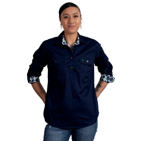 JUST COUNTRY JAHNA TRIM HALF BUTTON PRINT WORKSHIRT - NAVY/WHITE COSMOS [SZ:8]