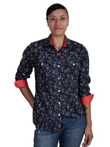 JUST COUNTRY ABBEY FULL BUTTON PRINT WORKSHIRT - NAVY BABYS BREATH [SZ:10]