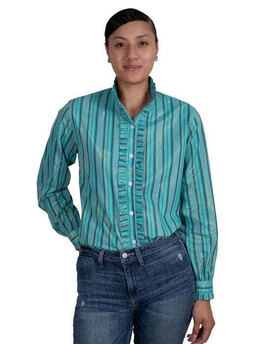 JUST COUNTRY ABBEY FRILLS FULL BUTTON PRINT WORKSHIRT - TURQUOISE STRIPE [SZ:10]