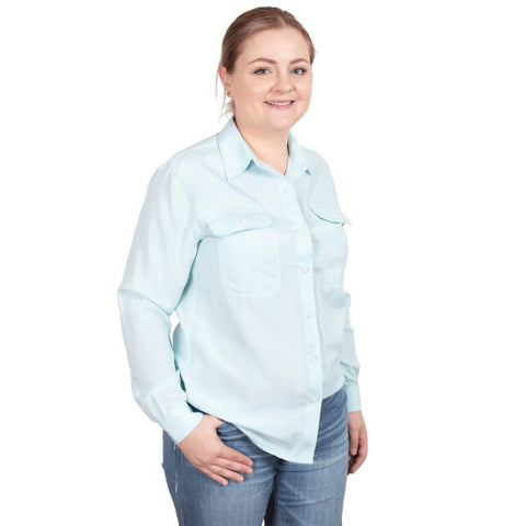 JUST COUNTRY ABBEY LONG SLEEVE FULL BUTTON WORK SHIRT - ICE MINT CHAMBREY [SZ:8]