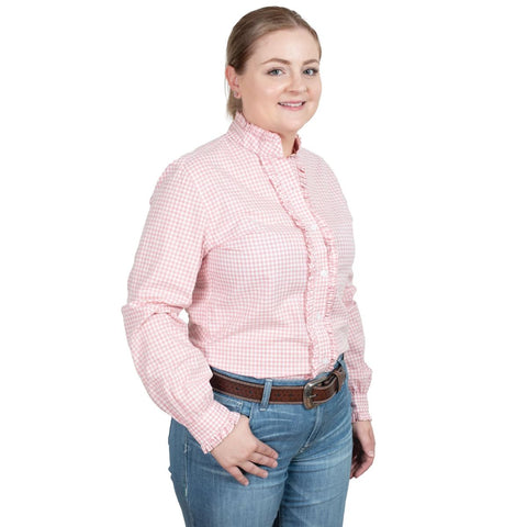 JUST COUNTRY ABBEY FRILLS FULL BUTTON PRINT WORKSHIRT - FLAMINGO PINK SMALL CHECK [SZ:8]