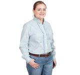 JUST COUNTRY ABBEY FRILLS FULL BUTTON PRINT WORKSHIRT - DUSTY TURQUOISE SMALL CHECK [SZ:8]