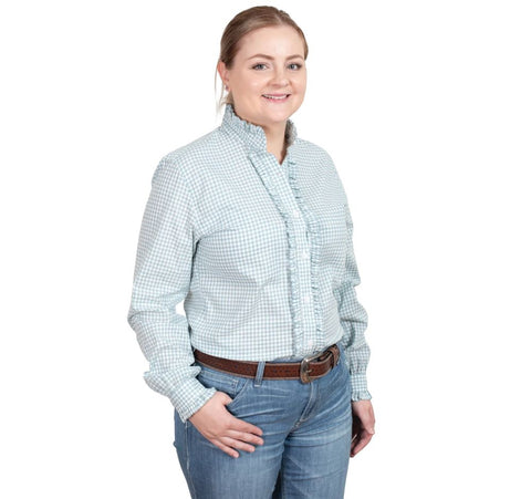 JUST COUNTRY ABBEY FRILLS FULL BUTTON PRINT WORKSHIRT - DUSTY TURQUOISE SMALL CHECK [SZ:8]