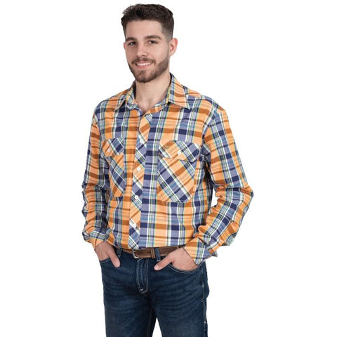 JUST COUNTRY AUSTIN MENS FULL BUTTON CHECK PRINT WORKSHIRT - ORANGE/ NAVY PLAID [SZ:M]