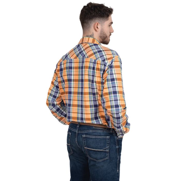 JUST COUNTRY AUSTIN MENS FULL BUTTON CHECK PRINT WORKSHIRT - ORANGE/ NAVY PLAID [SZ:M]