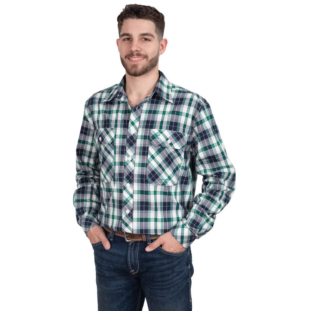 JUST COUNTRY AUSTIN MENS FULL BUTTON CHECK PRINT WORKSHIRT - NAVY/IVY PLAID [SZ:MEDIUM]
