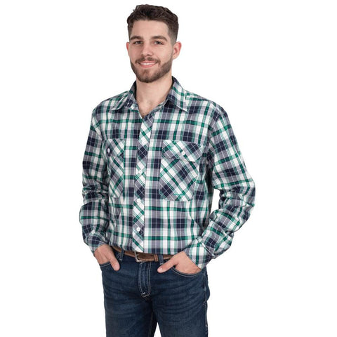 JUST COUNTRY AUSTIN MENS FULL BUTTON CHECK PRINT WORKSHIRT - NAVY/IVY PLAID [SZ:MEDIUM]