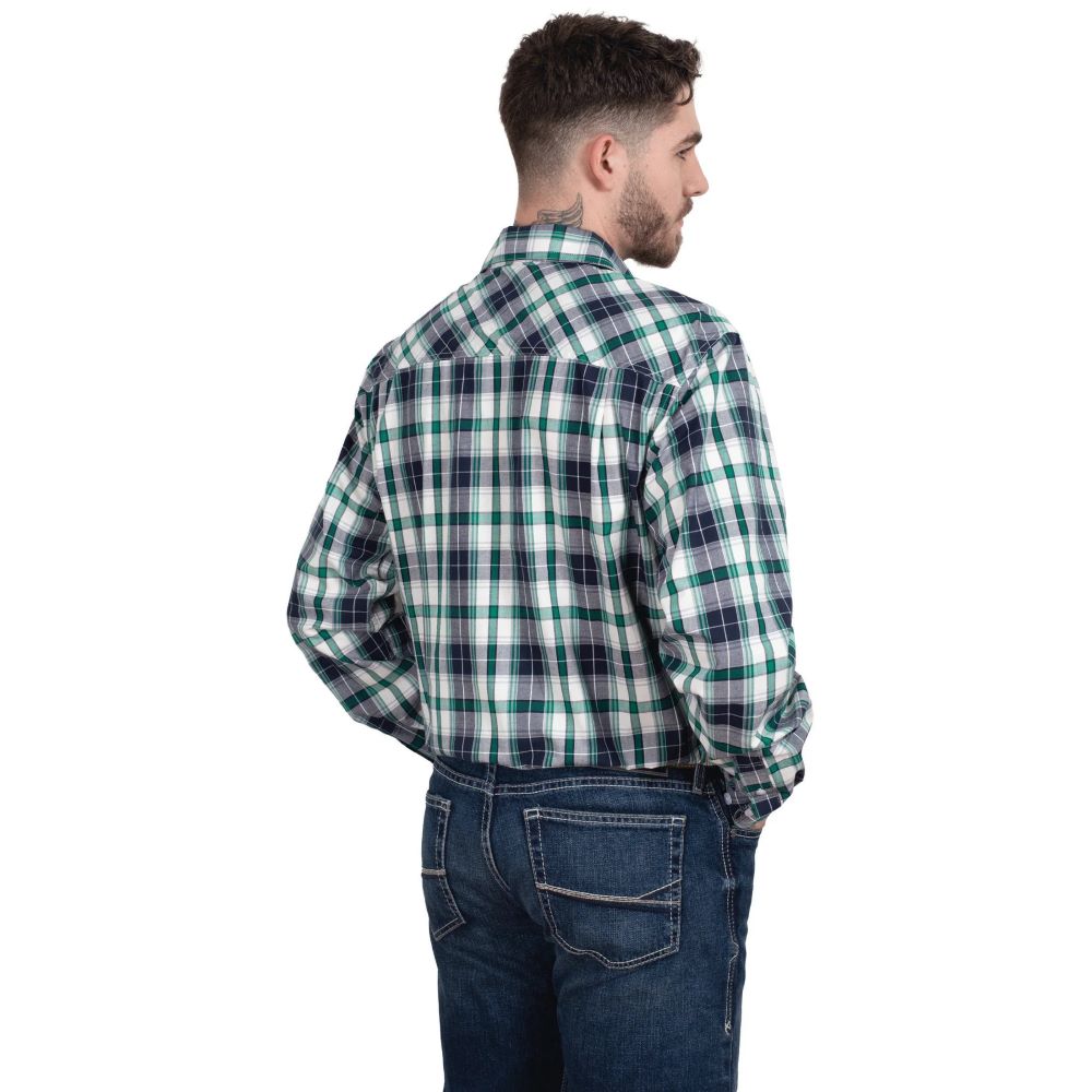 JUST COUNTRY AUSTIN MENS FULL BUTTON CHECK PRINT WORKSHIRT - NAVY/IVY PLAID [SZ:MEDIUM]
