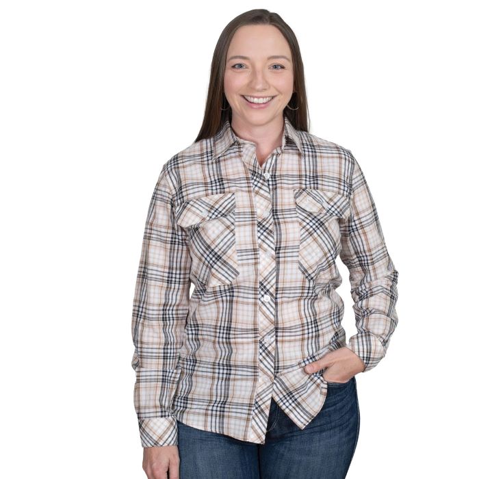 JUST COUNTRY ABBEY FULL BUTTON PRINT WORKSHIRT - FAWN LUREX PLAID [SZ:10]
