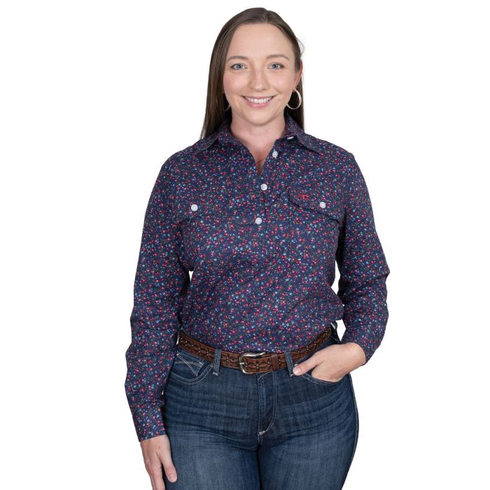 Just Country Georgie Half Button Print Workshirt - Navy Roses [sz:12]