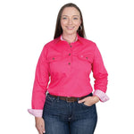 JUST COUNTRY JAHNA TRIM HALF BUTTON PRINT WORKSHIRT - HOT PINK/WHITE [SZ:12]
