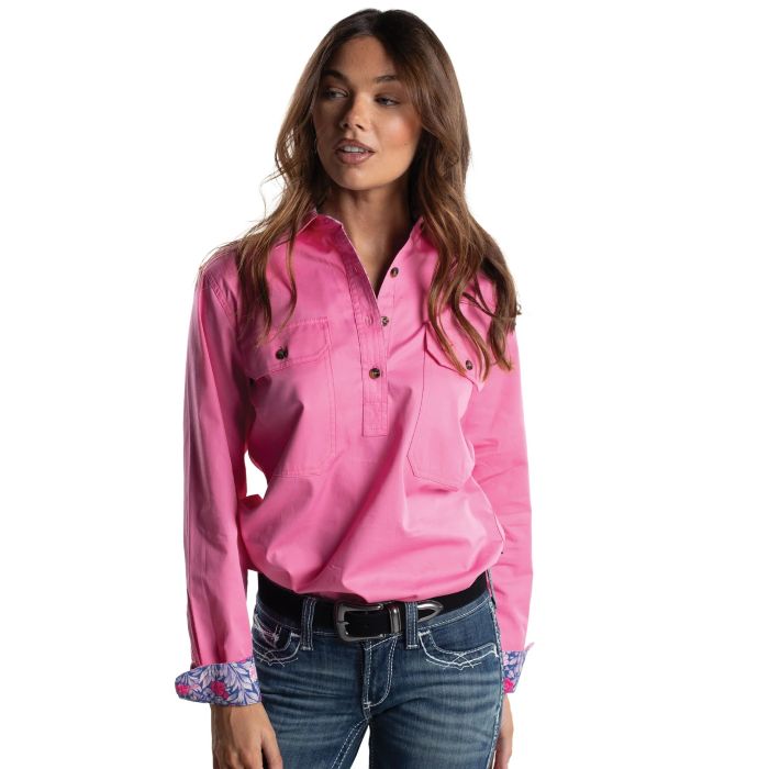 Just Country Jahna Trim Half Button Print Workshirt - Rose/blue Chrysanthemum [sz:8]