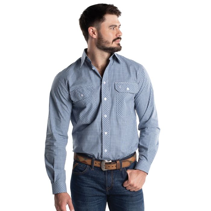 Just Country Austin Mens Full Button Check Print Workshirt - Demin & White Check [sz:s]