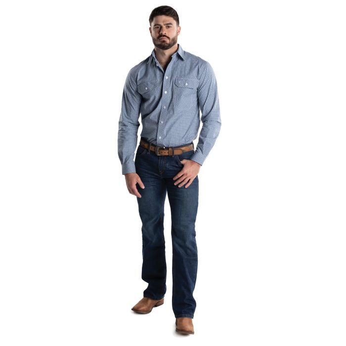 Just Country Austin Mens Full Button Check Print Workshirt - Demin & White Check [sz:s]