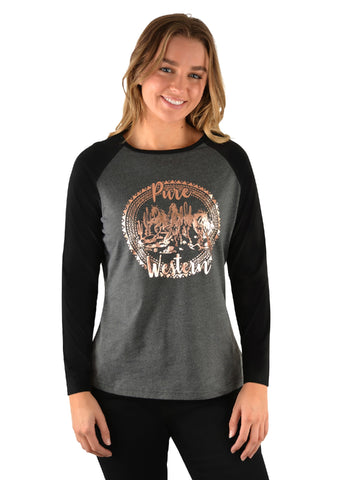 PURE WESTERN WOMENS RHUMER LONG SLEEVE RAGLAN TEE [SZ:8 CL:CHARCOAL/BLACK]