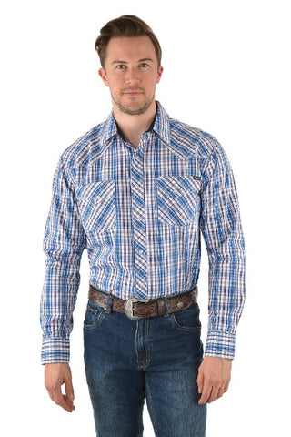 PURE WESTERN BOLT MENS LONG SLEEVE WESTERN CHECK SHIRT - NAVY/BLUE