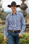 PURE WESTERN BOLT MENS LONG SLEEVE WESTERN CHECK SHIRT - NAVY/BLUE